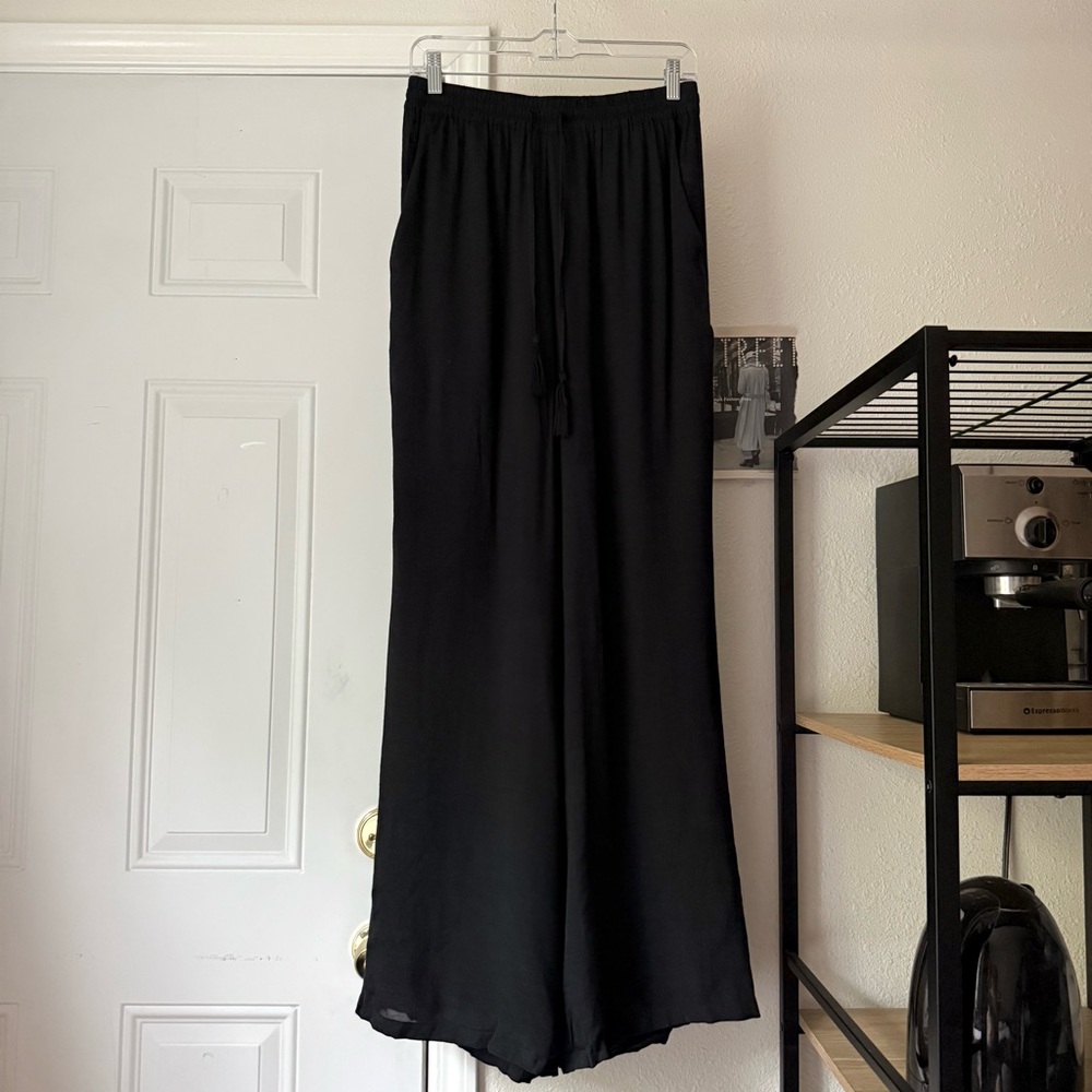 MONDAY SWIMWEAR black viscose elastic waist wide leg beach pants